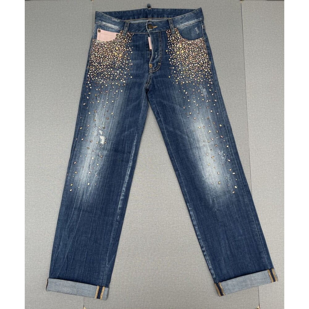 Dsquared2 Women's Crystal Beaded Ringstone Denim Jean EU40,Made in Italy